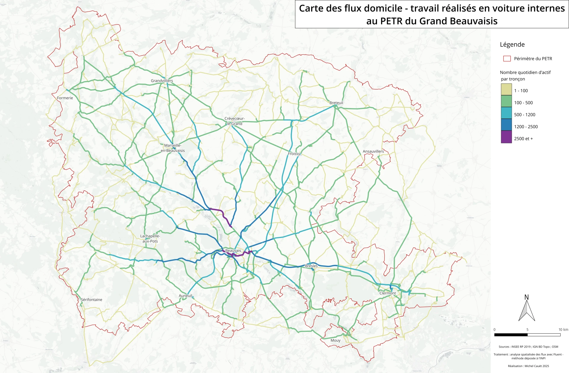 Carte des flux domicile-travail projetés sur voirie, montrant les axes les plus empruntés en voiture dans le PETR du Grand Beauvaisis selon la méthode Fluent.