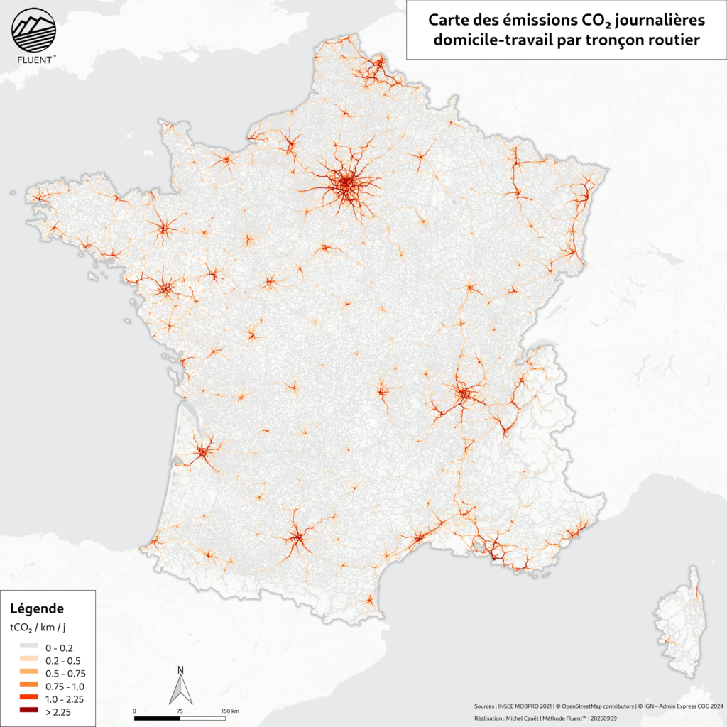 Carte de la France métropolitaine de l'ensemble du réseau routier et de sa fréquentation par les actifs durant leurs trajets domicile - travail exprimé en tCO2 par jour et par km