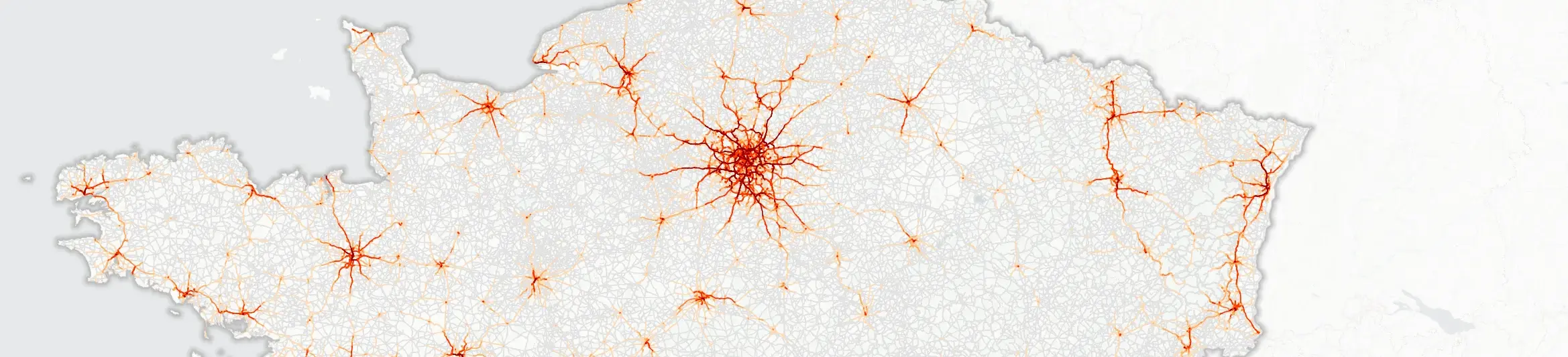 Extrait de la carte de la France métropolitaine de l'ensemble du réseau routier et de sa fréquentation par les actifs durant leurs trajets domicile - travail exprimé en tCO2 par jour et par km